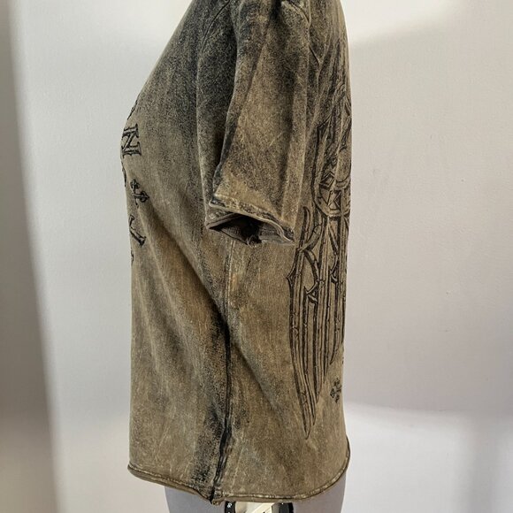 Affliction Battlefront Live Fast Sz S Iron Cross Military Green Wash Tee Shirt - Picture 3 of 8